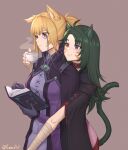  2girls absurdres animal_ears black_gloves book cat cat_ears cat_girl cat_tail cloak collar commission commissioner_upload cup facepaint fire_emblem fire_emblem:_radiant_dawn gloves green_hair hand_wraps heterochromia highres holding holding_book holding_cup hug hug_from_behind lesu monocle multiple_girls orange_hair original siblings simple_background sisters tail turtleneck 
