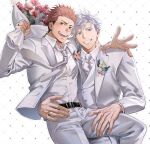  2boys belt blue_eyes blush bouquet brown_eyes coat collared_coat collared_shirt commentary feet_out_of_frame flower gojou_satoru hair_slicked_back hand_around_waist holding holding_bouquet itadori_yuuji jewelry jujutsu_kaisen looking_at_viewer male_focus multiple_boys necktie open_mouth pants pink_hair ring rose rose_pin sealmeledak shirt single_arm_hug smile suit symbol-only_commentary teeth tongue white_background white_coat white_necktie white_pants white_shirt white_suit 