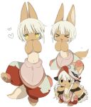  &gt;_&lt; 1other :3 androgynous animal_ears body_fur chibi colored_eyelashes furry happy hat heart highres jitome long_hair made_in_abyss multiple_views nanachi_(made_in_abyss) navel open_mouth other_focus own_hands_together pants pouch puffy_pants rabbit_ears red_hat red_pants short_hair sidelocks simple_background smile tail tail_wagging uis0 whiskers white_background white_hair yellow_eyes 