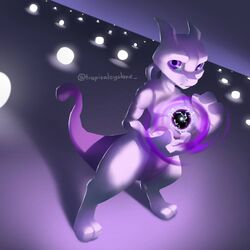  ambiguous_gender aura cat closed_mouth colored_skin commentary deviantart_username electricity english_commentary highres looking_at_viewer mewtwo no_humans orb pokemon pokemon:_the_first_movie_-_mewtwo_strikes_back pokemon_(anime) pokemon_(classic_anime) pokemon_(creature) pokemon_rgby purple_fur purple_tail shadow standing tail tropicalcyclone violet_eyes white_fur 