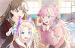  3girls :d ahoge animal_ear_headphones animal_ears anyoji_hime aqua_neckerchief black_ribbon blonde_hair blue_eyes blue_hair blunt_bangs blurry blurry_background bow brown_dress brown_hair butterfly_hair_ornament cat_ear_headphones cloth clubroom cross cross_hair_ornament dress fake_animal_ears fang fujishima_megumi game_cg gradient_hair greek_cross hair_intakes hair_ornament hair_ribbon hairclip hasu_no_sora_school_uniform headphones heart heart_hair_ornament highres hood hooded_jacket identity_(love_live!) in-universe_location indoors jacket leaning_forward light_blue_hair link!_like!_love_live! long_hair long_sleeves love_live! mira-cra_park! multi-tied_hair multicolored_hair multiple_girls neckerchief official_art open_clothes open_jacket osawa_rurino parted_bangs pink_hair pink_headphones pink_jacket ponytail purple_bow red_neckerchief ribbon sailor_collar sailor_dress school_uniform sewing_machine sidelocks smile star_(symbol) star_hair_ornament swept_bangs teeth third-party_source too_many_hairclips twintails two_side_up unworn_bow upper_teeth_only v-shaped_eyebrows very_long_hair violet_eyes virtual_youtuber white_sailor_collar window winter_uniform wooden_floor 