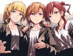  3girls :3 :d \m/ bad_id bad_twitter_id black_jacket blonde_hair blue_eyes bullfalk closed_mouth collarbone gradient_background green_eyes grey_background grin hand_on_another&#039;s_shoulder heanna_sumire jacket light_frown long_sleeves looking_at_viewer love_live! love_live!_superstar!! low_ponytail multiple_girls open_clothes open_jacket orange_hair ponytail redhead shadow shibuya_kanon shirt short_hair short_hair_with_long_locks side_ponytail sidelocks smile upper_body v-shaped_eyebrows violet_eyes white_background white_shirt yoneme_mei 