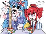  ... 2girls :d black_eyes black_necktie blue_shirt bow chopsticks closed_mouth commentary_request drill_hair eating empty_eyes food gloves hair_between_eyes hat hat_bow hatsune_miku heart holding holding_chopsticks kakuzatou_(vy5a_heart) kasane_teto lone_nape_hair long_hair looking_at_another looking_at_viewer looking_to_the_side medium_bangs mesmerizer_(vocaloid) multiple_girls necktie noodles open_mouth pillbox_hat ramen ramen red_bow red_eyes red_hat redhead sharp_teeth shirt short_hair simple_background smile spoken_ellipsis spring_onion striped_bow striped_clothes striped_shirt suspenders teeth tongue tongue_out trembling upper_body utau vertical-striped_clothes vertical-striped_shirt visor_cap vocaloid white_background white_bow white_shirt wrist_cuffs yellow_gloves 