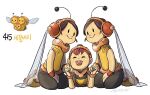  3girls black_eyes brown_hair closed_eyes combee commentary headphones holding_hands kneeling lying multiple_girls on_stomach orange_wristband personification pokemon pokemon_(creature) red_wristband reference_inset short_hair signature simple_background smile tamtamdi translated white_background 