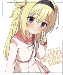  1girl 2024 arm_at_side black_hairband blonde_hair blush character_name chitose_sana closed_mouth commentary cowboy_shot dated double_bun eyes_visible_through_hair hair_between_eyes hair_bun hair_intakes hairband hand_up happy happy_birthday highres long_hair long_sleeves looking_at_viewer pink_serafuku pink_shirt pink_skirt red_sailor_collar ribbon sailor_collar school_uniform serafuku shirt simple_background skirt smile solo split_mouth straight_hair symbol-only_commentary tenshinranman tft_(tft7822) tsurime two_side_up v white_background white_ribbon 