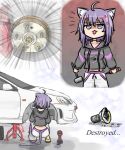  1girl absurdres anger_vein animal_ear_fluff animal_ears black_hoodie car cat_ears cat_girl cat_tail cowlick ekimani emphasis_lines hammer highres holding holding_hammer hololive honda honda_integra hood hood_down hoodie motor_vehicle nekomata_okayu nekomata_okayu_(1st_costume) pants purple_hair screw shaded_face short_hair squatting sweatpants tail v-shaped_eyebrows violet_eyes virtual_youtuber white_pants 