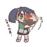  1girl black_hair bowl chibi commentary_request ferret-san food full_body green_hair green_hakama green_kimono hakama hakama_skirt headband japanese_clothes kantai_collection kimono long_hair noodles ramen simple_background skirt smile solo souryuu_(kancolle) thick_eyebrows translation_request twintails white_background wide_sleeves 