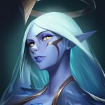  1girl alternate_hairstyle gold_trim gradient_background halo league_of_legends lips long_hair looking_at_viewer pointy_ears portrait purple_lips solo soraka_(league_of_legends) takamitsu-kun white_hair yellow_eyes 