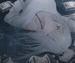  1girl absurdres blood blood_bag bra_strap breasts bubble_pimbolaria grey_eyes highres long_hair long_sleeves looking_at_viewer lying mole mole_under_mouth nail_polish on_back original shirt solo white_hair 