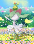  absurdres blush budew closed_eyes closed_mouth commentary_request dancing day falling_petals floating_hair flower green_hair highres kirlia leg_up on_head outdoors outstretched_arms petals pokemon pokemon_(creature) pokemon_on_head q.t.2_shi smile standing standing_on_one_leg 