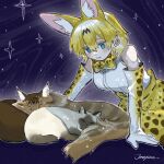  1girl animal animal_ears arm_support bad_id bare_shoulders blonde_hair blue_background blue_eyes bow bowtie cat elbow_gloves extra_ears gloves hair_between_eyes jmeysan kemono_friends leaning_forward looking_down print_bow print_bowtie print_skirt serval_(kemono_friends) serval_print shirt short_hair siamese_cat skirt sleeping sleeveless sleeveless_shirt smile solo sparkle white_shirt 