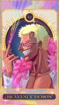  1boy blonde_hair card_(medium) clouds cloudy_sky coat donquixote_doflamingo earrings english_commentary english_text feathered_coat highres jewelry male_focus muscular muscular_male noodelak one_piece open_clothes open_shirt pectorals pink_coat portrait profile roman_numeral shirt short_hair sky smile sunglasses tarot tarot_(medium) teeth thread white_shirt 