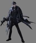  1boy absurdres black_coat black_hair black_pants black_shirt coat commentary earrings english_commentary feathered_wings feathers full_body grey_background hair_between_eyes highres holding holding_weapon jewelry knife legs_apart low_wings original pants rinotuna shadow shirt short_hair simple_background solo standing tiles weapon wings 