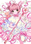  1girl bow brown_hair cardcaptor_sakura choker cowboy_shot dress flower frilled_dress frills gloves green_eyes hair_bow highres holding holding_staff hoshi_no_tsue kero_(cardcaptor_sakura) kinomoto_sakura kisumi_rei lace lace_choker layered_dress lily_(flower) magical_girl pink_ribbon puffy_short_sleeves puffy_sleeves ribbon short_hair short_sleeves single_thighhigh socks staff thigh-highs white_background white_dress white_socks 