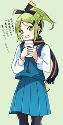  1girl 22/7 :d black_pantyhose blue_skirt blue_vest bow bow_hairband breath cup disposable_coffee_cup disposable_cup feet_out_of_frame green_background green_eyes green_hair hair_bow hair_ornament hairband hairclip half_updo high_ponytail holding holding_cup kiryu_touko long_sleeves multicolored_clothes multicolored_scarf open_mouth pantyhose parted_bangs pleated_skirt scarf shirt simple_background skirt skirt_set smile solo teeth trefle_r two-tone_bow two-tone_hairband upper_teeth_only vest white_shirt 