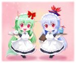  2girls apron blue_hat bow chibi ex-keine full_body green_hair green_tail hat holding holding_plate horn_bow horn_ornament horns kamishirasawa_keine long_hair looking_at_viewer maid multiple_girls pink_background plate puffy_short_sleeves puffy_sleeves red_eyes ryuu-g short_sleeves smile touhou white_apron 