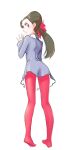  1girl absurdres brown_hair feet from_behind hair_pulled_back highres legs looking_at_viewer looking_back pantyhose pink_eyes pink_pantyhose pokemon pokemon_rse roxanne_(pokemon) simple_background solo twintails u4_99384295 