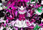  1girl 2000s_(style) animification black_hair blush draculaura fang gleamyguts goth_fashion highres monster_high multicolored_hair open_mouth paint_splatter pink_eyes pink_hair pointy_ears skirt smile solo standing streaked_hair umbrella vampire 