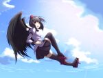  1girl :d bird_wings black_hair black_skirt black_thighhighs black_wings black_wristband breasts clouds cloudy_sky collared_shirt commentary_request day feathered_wings flying geta hat miniskirt open_mouth opilio outdoors pleated_skirt pom_pom_(clothes) puffy_short_sleeves puffy_sleeves red_eyes red_footwear red_hat shameimaru_aya shirt short_hair short_sleeves skirt sky small_breasts smile solo tengu-geta thigh-highs tokin_hat touhou white_shirt wings zettai_ryouiki 