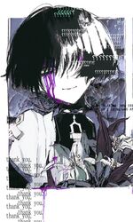  1boy ? ?? alternate_body_fluid black_bodysuit black_hair bleeding blood blood_on_face blue_cape blunt_ends bodysuit border bouquet cape english_text ff9900 flower genshin_impact hair_over_eyes highres japanese_clothes kimono leaf male_focus mandarin_collar open_clothes open_kimono purple_rope rope scaramouche_(genshin_impact) smile solo thank_you upper_body wanderer_(genshin_impact) white_border white_flower white_kimono 