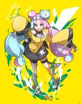  1girl absurdres bow-shaped_hair character_hair_ornament commentary_request full_body gajyuml grey_footwear grin hair_ornament highres iono_(pokemon) jacket knees lightning_bolt_symbol long_hair multicolored_hair pokemon pokemon_sv shoes single_leg_pantyhose sleeves_past_fingers sleeves_past_wrists smile solo star_(symbol) star_print teeth thigh_strap twintails two-tone_hair yellow_background yellow_jacket 