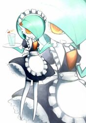  apron bob_cut colored_skin daiquiri drink drinking_straw gardevoir green_hair green_skin hair_over_one_eye holding holding_tray maid maid_apron maid_headdress multicolored_skin orange_eyes pokemon pokemon_(creature) smile thigh-highs tray two-tone_skin white_skin white_thighhighs 