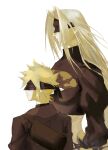  2b_(nier:automata) 2b_(nier:automata)_(cosplay) 2boys 9s_(nier:automata) 9s_(nier:automata)_(cosplay) allois back_cutout black_blindfold black_jacket blindfold blonde_hair cleavage_cutout clothing_cutout cloud_strife cosplay covered_eyes english_commentary feather-trimmed_sleeves final_fantasy final_fantasy_vii grey_hair highres jacket juliet_sleeves leotard long_hair long_sleeves male_focus multiple_boys nier:automata nier_(series) puffy_sleeves sephiroth short_hair sleeved_leotard smile spiky_hair turtleneck turtleneck_leotard very_long_hair white_background 