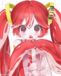  1girl eating_hair food food-themed_clothes food-themed_hair food_in_mouth grid_background hair_ornament hatsune_miku highres holding holding_knife knife long_hair long_sleeves looking_at_viewer meat mipi_(u3u_00) necktie niku_miku_(nankai) raw_meat red_eyes redhead see-through see-through_sleeves solo twintails upper_body very_long_hair vocaloid 