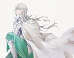  1boy armor bedivere_(fate) breastplate cloak closed_mouth fate/grand_order fate_(series) floating_hair gauntlets green_eyes green_skirt grey_hair hair_between_eyes hair_tubes hand_up kneehighs long_hair looking_up male_focus norai0813 simple_background skirt socks twintails white_background white_cloak 