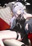  1girl alternate_costume belt black_dress black_hairband blue_archive blush breasts collarbone dress feet_out_of_frame flower grey_hair hair_flower hair_ornament hairband halo highres himari_(blue_archive) long_hair looking_at_viewer mole mole_under_eye one_eye_closed open_mouth pointy_ears purple_halo sitting sleeveless sleeveless_dress small_breasts smile solo striped_clothes striped_hairband thigh_belt thigh_strap violet_eyes white_flower zanya_000 