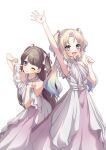  2girls :d ;) arm_up armpits blonde_hair blue_hair bow brown_hair clenched_hand closed_mouth collarbone commentary_request cowboy_shot dress fang finger_gun finger_to_cheek frilled_dress frills fujishima_megumi gradient_hair green_eyes hair_bow hair_ribbon highres leaning_forward light_blue_hair link!_like!_love_live! link_to_the_future_(love_live!) long_hair love_live! mira-cra_park! multicolored_hair multiple_girls natsu_(natsukikenken) one_eye_closed open_hand open_mouth osawa_rurino parted_bangs pink_dress ribbon simple_background sleeveless sleeveless_dress smile twintails two-tone_dress two_side_up v-shaped_eyebrows violet_eyes virtual_youtuber white_background white_bow white_dress white_ribbon 