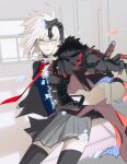  1girl black_choker black_jacket black_thighhighs chain choker fate/grand_order fate_(series) gauntlets grey_hair grey_skirt highres jacket jeanne_d&#039;arc_alter_(avenger)_(fate) jeanne_d&#039;arc_alter_(fate) ki_wa001 necktie red_necktie school_uniform skirt thigh-highs transformation yellow_eyes 