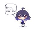  1girl ahoge black_footwear black_hair black_skirt brown_eyes chibi chibi_only commentary full_body gradient_hair hair_between_eyes highres honkai_(series) honkai_impact_3rd hoshiianna multicolored_hair no_mouth pleated_skirt purple_hair purple_vest seele_vollerei seele_vollerei_(swallowtail_phantasm) shadow shirt shoes short_sleeves simple_background skirt solo speech_bubble standing teardrop thigh-highs twitter_username vest watermark white_background white_shirt white_thighhighs 