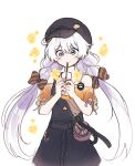  1girl 5rwpvc absurdres alternate_costume bare_shoulders belt black_belt black_bow black_hat black_skirt blue_eyes bow cabbie_hat closed_mouth cowboy_shot drink drinking drinking_straw hair_between_eyes hair_bow hat high-waist_skirt highres holding holding_drink honkai_(series) honkai_impact_3rd kiana_kaslana long_hair looking_at_viewer low_twintails off-shoulder_shirt off_shoulder orange_shirt own_hands_together shirt shirt_tucked_in sidelocks simple_background skirt smile solo striped_bow twintails very_long_hair white_background white_hair 