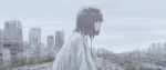  1girl absurdres brown_eyes building cityscape clouds cloudy_sky commentary_request from_side grass grey_hair highres incredibly_absurdres lamppost leaning_forward looking_ahead medium_hair ninuru original parted_lips profile rain raincoat river scenery sky solo upper_body white_raincoat 