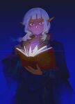  1boy blue_background blue_robe book dark-skinned_male dark_elf dark_skin dungeon_meshi dwirisky elf glowing gradient_background highres hime_cut holding holding_book long_hair long_sleeves looking_at_viewer pointy_ears ponytail red_eyes robe solo sparkle thistle_(dungeon_meshi) white_hair 