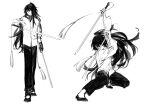  1boy arms_up dao dual_wielding fighting_stance flats full_body greyscale half_updo highres holding holding_sword holding_weapon hong_lu_(project_moon) jacket limbus_company long_hair long_sleeves male_focus monochrome mugglesix multiple_views pants project_moon sword tassel very_long_hair weapon 