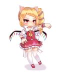  1girl alternate_hairstyle animal_ears ascot back_bow blonde_hair bow chibi chinese_commentary closed_mouth collarbone collared_shirt commentary_request drill_hair flandre_scarlet frilled_shirt_collar frills full_body hand_on_own_hip highres large_bow light_smile long_hair looking_at_viewer mary_janes mofashi_beibei multicolored_wings no_headwear paw_pose puffy_short_sleeves puffy_sleeves red_eyes red_footwear red_skirt red_vest shirt shoes short_sleeves skirt skirt_set solo thigh-highs touhou vest white_bow white_shirt white_thighhighs wings wrist_cuffs yellow_ascot 