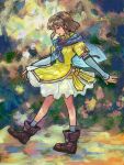  1girl blue_capelet blue_sleeves blue_socks boots brown_footwear brown_hair capelet closed_eyes closed_mouth commentary fire_emblem fire_emblem:_radiant_dawn highres kusoporch medium_hair mist_(fire_emblem) multicolored_background pink_trim skirt socks solo standing standing_on_one_leg symbol-only_commentary traditional_media white_skirt 