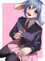  1girl :d absurdres animal_ears black_jacket black_thighhighs blazer blue_hair blush breasts brown_eyes collared_shirt commentary_request crescent crescent_pin dutch_angle fingernails full_body hair_between_eyes highres jacket long_bangs long_sleeves looking_at_viewer lower_teeth_only nasu1225 necktie open_mouth pink_background pink_skirt pleated_skirt rabbit_ears rabbit_girl red_necktie reisen_(touhou_bougetsushou) seiza shirt short_hair simple_background sitting skirt small_breasts smile solo teeth thigh-highs touhou two-tone_background white_background white_shirt 