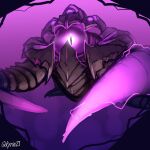  ambiguous_gender extra_eyes glowing glowing_eyes glowing_tentacles highres kyrin_(kyrin21) league_of_legends looking_at_viewer no_mouth purple_background purple_lightning sketch slit_pupils tentacles twitter_username vel&#039;koz violet_eyes 