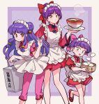  3girls :3 \m/ alternate_costume apron argyle_background back_bow bell blunt_bangs border bow bowl chinese_clothes closed_mouth commentary constricted_pupils crossover double_bun dress dumpling enmaided fang fang_out food frilled_apron frilled_sleeves frills gegege_no_kitarou green_eyes hair_bell hair_bow hair_bun hair_ornament hand_on_own_hip high_collar highres holding holding_plate leaning_forward leg_up long_hair long_sleeves look-alike low-tied_sidelocks maid maid_headdress mandarin_collar multiple_girls nekomusume nekomusume_(gegege_no_kitarou_4) nekomusume_(gegege_no_kitarou_6) open_mouth outside_border pants pink_bow pink_pants pink_shirt plate ponytail purple_background purple_hair ranma_1/2 red_bow red_dress red_eyes red_footwear shampoo_(ranma_1/2) shirt short_hair short_sleeves silanduqiaocui slippers smile white_border white_bow wide_sleeves yellow_eyes 