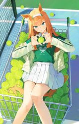  1girl animal_ears aqua_eyes ball breasts feet_out_of_frame green_shirt highres horse_ears horse_girl horse_tail jacket legs ningen_gokko open_clothes open_jacket orange_hair pleated_skirt shirt silence_suzuka_(umamusume) skirt small_breasts t-shirt tail tennis_ball tennis_court tennis_net umamusume white_skirt 