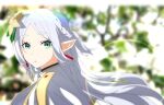  1girl absurdres akimio blurry blurry_background earrings elf flower frieren green_eyes hair_flower hair_ornament highres jewelry lens_flare long_hair looking_at_viewer pointy_ears portrait solo sousou_no_frieren white_hair 