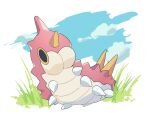 animal_focus bug clouds commentary_request day full_body grass highres no_humans outdoors pokemon pokemon_(creature) sky solo valentine_(02140314c) wurmple 