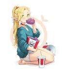  1girl bare_legs barefoot blonde_hair blue_shirt braid dungeon_meshi eating elf green_eyes jk_arts legs long_hair marcille_donato pointy_ears ponytail red_ribbon ribbon shirt shorts side_braid soles 