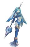  1girl armor blue_armor blue_eyes blue_footwear blue_helmet boots fairy_leviathan_(mega_man) forehead_jewel full_body highres holding holding_polearm holding_weapon looking_at_viewer mega_man_(series) mega_man_zero_(series) polearm simple_background smile solo spear thigh_boots weapon white_background yaseinotaso 