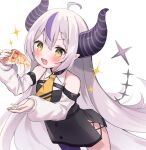  1girl ahoge braid commentary demon_girl demon_horns demon_tail fang food grey_hair hashtag_only_commentary holding holding_food holding_pizza hololive horns la+_darknesss long_hair moeko_(moeko0903) multicolored_hair open_mouth pizza pointy_ears purple_hair single_thighhigh smile solo streaked_hair striped_horns tail thigh-highs two-tone_hair upper_body v-shaped_eyebrows very_long_hair virtual_youtuber yellow_eyes 