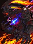  animal_focus black_background claws cowboy_shot final_fantasy final_fantasy_xvi fire glowing glowing_eye glowing_mouth gradient_background highres horns ifrit_(final_fantasy) monster no_humans open_mouth pekoson red_background sharp_teeth simple_background solo teeth two-tone_background 