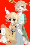  2girls amputee antlers blonde_hair bloomers blue_shirt blue_skirt bow bowtie bracelet choker cracked_skin damaged double_bun dragon_girl dragon_horns dragon_tail dress fangs hair_bun hair_over_one_eye hair_ribbon haniwa_kue horns jewelry joutouguu_mayumi kicchou_yachie looking_at_viewer missing_limb multiple_girls open_mouth pointy_ears red_background red_bow red_bowtie red_eyes ribbon sharp_teeth shirt short_hair short_sleeves simple_background skirt smile tail tears teeth touhou turtle_shell underwear white_bloomers white_ribbon yellow_dress yellow_eyes 